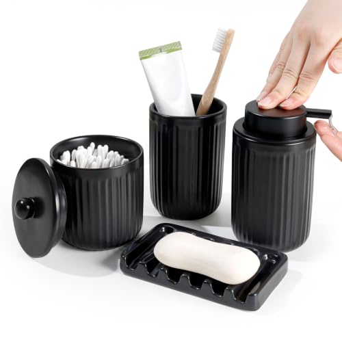BosilunLife Ceramic Bathroom Accessories Set - Bathroom Counter Soap Set Black Bathroom Decor Sets Accessories Bathroom Lotion Soap Dispenser and Toothbrush Holder Set, Soap Dish, Apothecary Jars - color: Black-liquid