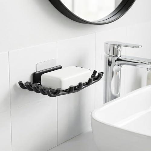 Bar Soap Holder for Shower Wall, Self Draining Plastic Bar Soap Dish Tray Container Case for Bathroom Sink, Adhesive Shower Soap Dish Holder Wall Mounted, Black 2 Pack - color: Black