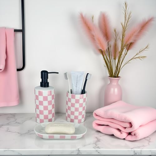 Pink Bathroom Toothbrush holder set, Cute Ceramic Bathroom Accessories, Includes Hand Soap Dispenser, Tooth Brush Holder, and Soap Dish, Funny Bathroom Accessories sets for Girls Woman Guest Bathrooms - color: Girly Pink