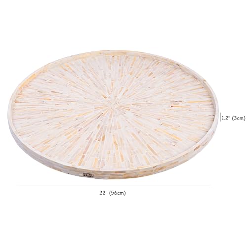 PEMAR 22" Round Mother of Pearl Extra Large Ottoman Tray with Raised Edge, Oversized Decorative Luxury Wooden Serving Tray for Food, Coffee Table, Breakfast in Bed (White Cream Sunlight)
