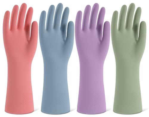 Rubber Cleaning Gloves for Dishwashing, 4 Pairs Reusable Kitchen Gloves for Washing Dishes and Household Cleaning, Colorful Dish Gloves with Flocked Lining and Non-Slip Grip, Pefect for Woman Men - M - color: A-boho, size: Medium