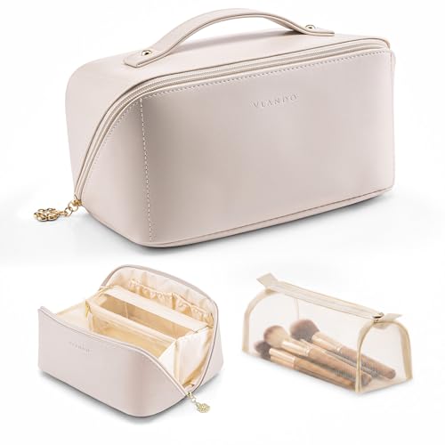 VLANDO Makeup Bag,Travel Toiletry Bag,Cosmetic Bag for Women PU Leather Portable Make up Bag for Skincare, Brushes & Travel Essentials-Off White - color: 05.Off White