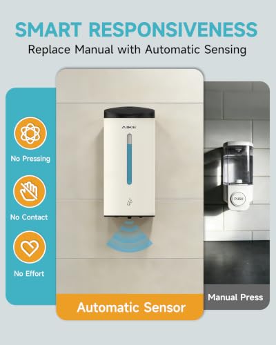 AIKE Classic Automatic Soap Dispenser,25oz for Bathroom,Mattewhite AK1205E | 5-Level Adjustable and Savety Key for Bathroom(4*AA Batteries Not Included),No-drill,Screw Wall mount Design for Space-Saving - color: Mattewhite Stainless Steel