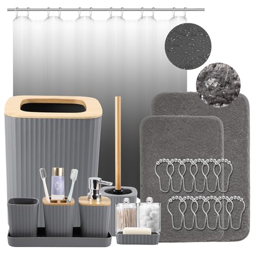 XLHOMO Bathroom Accessory Set–Bathroom Set with Shower Curtain and Rugs, No Slip Bathroom Rugs Super Absorbent, Grey Ombre Waterproof Shower Curtain with Hooks, Gray Bathroom Sets Complete for Home - color: Hollow Grey, size: Bathroom Set+Shower Curtain+B