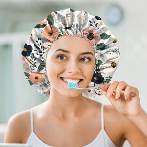 Luxury Shower Cap Silk Satin Lined Waterproof Reusable Adjustable Elastic Dry Hair Bathing Caps Cute for Women Girls-Flower - color: C-1-Flower