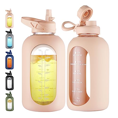 CIVAGO 64 oz Glass Water Bottle Jug with Straw and Handle, Half Gallon Sports Motivational Bottle with Time Marker and 2 Lids, Large Flask Canteen with Silicone Sleeve for Gym, Beige - color: Beige, size: 64 Ounces
