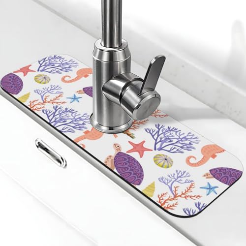 Faucet Draining Mat For Kitchen Sink, Purple Beach Sea Turtle Diatom Mud Absorbent Drain Pad For Bathroom Kitchen Sink Splash Guard Drying Mat - color: Purple Beach Sea Turtle, size: One Size
