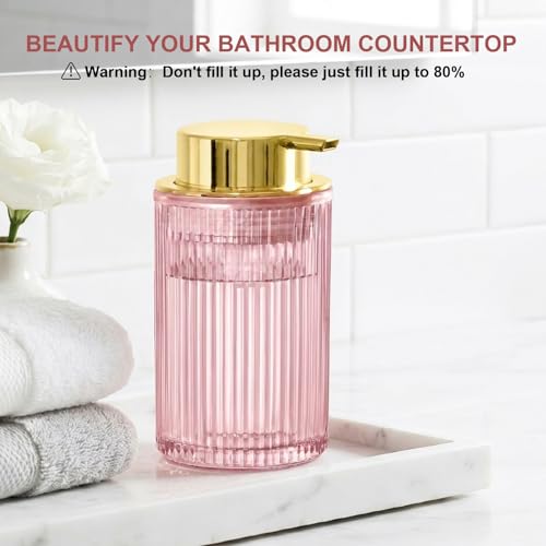 KASUNTING Pink Glass Foaming Soap Dispenser, Ribbed Foam Hand Soap Dispenser for Bathroom, 11 Fl Oz Refillable Foaming Pump Bottle with Black Pump, Modern Dish Soap Foam Dispenser - color: Pink Bottle+ Gold Pump, size: Foam-1 Pack