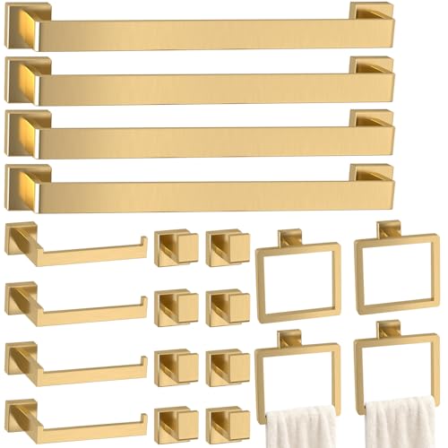 Bathroom Accessory Towel Bar Set: 20 Pieces Gold Square Bathroom Hardware SUS304 Stainless Steel - 24 Inch Wall Mounted Towel Rack&Toilet Paper Holder&Towel Ring and Towel Hook - color: Gold, size: 24inch 20 Pieces