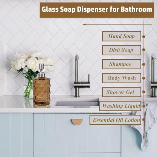 12Oz Brown Soap Dispenser Bathroom - 2 Pack, Clear Glass Hand Soap Dispensers with Stainless Steel Pump, Refillable Dish Soap Dispenser for Kitchen, Countertop Soap Dispensers - color: Diamond Brown（2-pack）