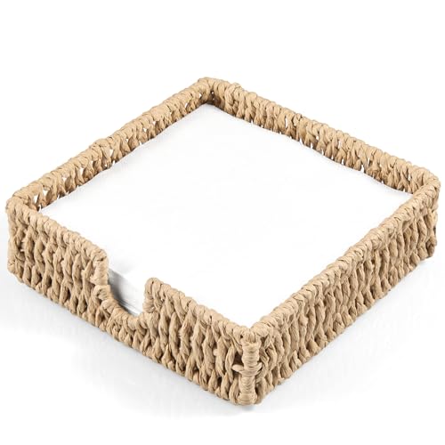 Napkin Holder for Table, Woven Paper Rope Napkin Holders For Paper Napkins, Wicker Napkin Holders for Kitchen Dinner Table Boho Decor and Accessories, Square Napkin Basket and Serving Tray - color: Beige, size: 7.2"L x 7.2"W x 2.2"H
