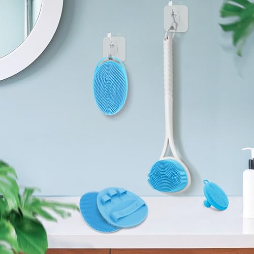 Silicone Back Body Face Scrubbers Set 4PCS, 15.35’’ Back Scrubber Soft Body Scrubber for Dual-Side Usage, Easy-to-Hold Soft Bath Glove & Face Scrubber for Good Foaming Deep Cleaning(Blue) - color: Blue*4