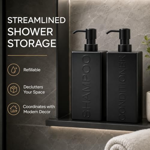 Rectangular Resin Dispenser Premium Bathroom Shampoo Conditioner Body Wash Bottle Modern Refillable Pump Design - color: Black