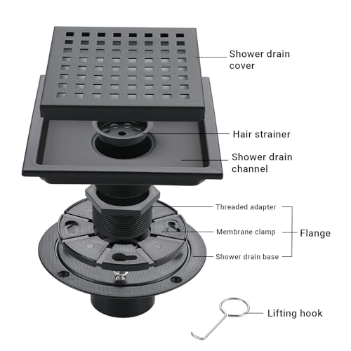 4 Inch Square Shower Floor Drain, Stainless Steel Black Shower Drain Kit with Flange, Floor Drain with Removable Grid Cover,Matte Black - color: Matte Black, size: 4 inch-Grid