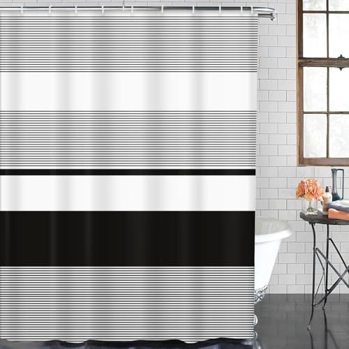 ArtSocket Black Striped Bathroom Set with Shower Curtain and Bath Rugs and Accessories,Boho Modern Non-Slip Shower Curtain Set,Bathroom Decor 3 Pcs - color: Black Striped