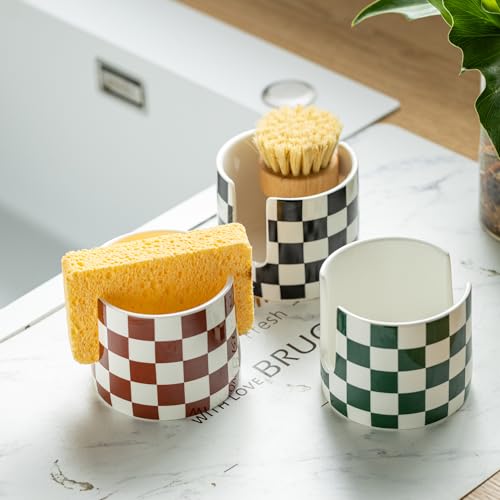 Zoeeker Checkered Kitchen Sink Sponge Holder, Dish Sponge Rack Ceramic Brush Holder Farmhouse Kitchen Drying Rack for Brush, Scrubbers, Bathroom, Sink, Black and White - color: Black and White, size: Cylindrical