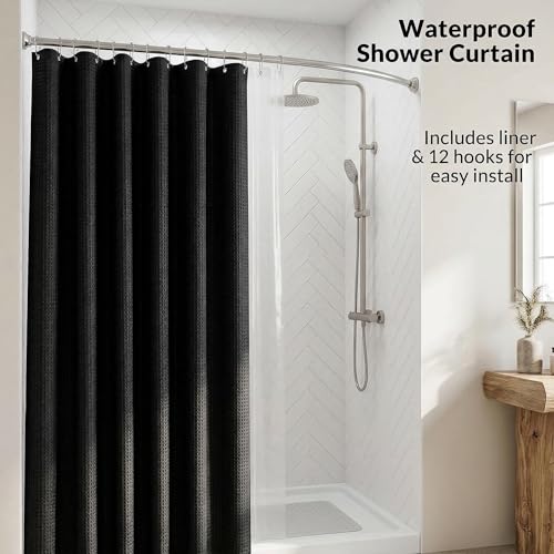 Bathroom Accessory Set 7 Pcs, Plastic Bathroom Set with Bamboo Cover Include Soap Dish, Toothbrush Holder, Mousewash Cup, Shower Curtain Set, Soap Dispenser, Trash Can & Toilet Brush - color: Black, size: 7pack