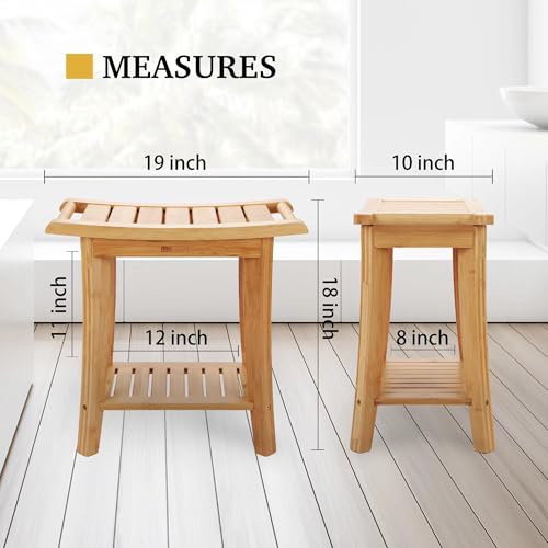 Unibambou Bamboo Shower Bench with Storage Shelf, Wooden Spa Bath Deluxe Organizer Shower Stool for Inside Shower, Bathroom Bench Seat for Adults Elderly Seniors for Indoor or Outdoor Use - color: Natural, size: Medium 19x10x18 Inch