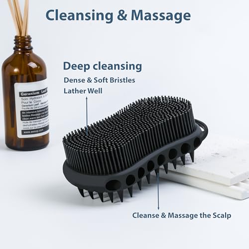 MtBoi Double-Sided Exfoliating Silicone Body Scrubber, 2-in-1 Bath Scrubber, Shampoo Brush, Silicone Loofah for All Skin Types, Shower Body Scrubber, Easy to Clean, Lather Well (Black) - color: Black