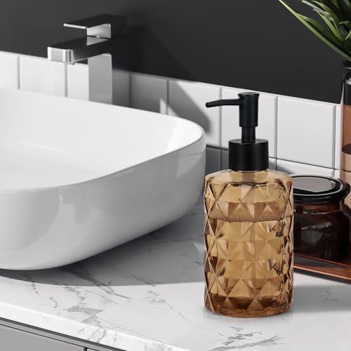 1 Pack 13.5oz Glass Soap Dispenser with Plastic Pump, Diamond Stripe Design Refillable Hand Soap Dispenser for Hand Wash, Bathroom and Kitchen - color: Crystal Dark Brown