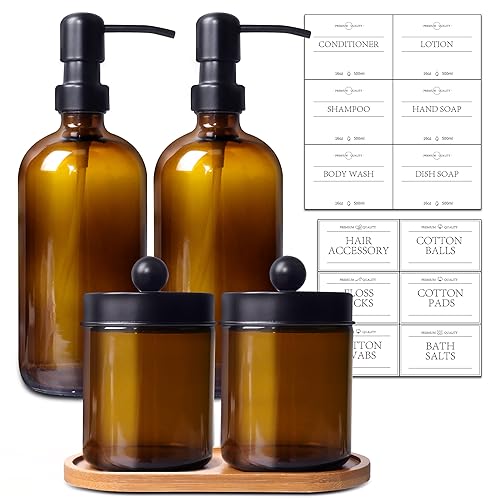 Bathroom Accessory Set 5 Pcs, 2 Pcs 16oz Amber Glass Soap Dispensers with Stainless Steel Pumps, 2 Pcs Qtip Holder Dispensers with Waterproof Labels & Bamboo Tray