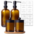Bathroom Accessory Set 5 Pcs, 2 Pcs 16oz Amber Glass Soap Dispensers with Stainless Steel Pumps, 2 Pcs Qtip Holder Dispensers with Waterproof Labels & Bamboo Tray