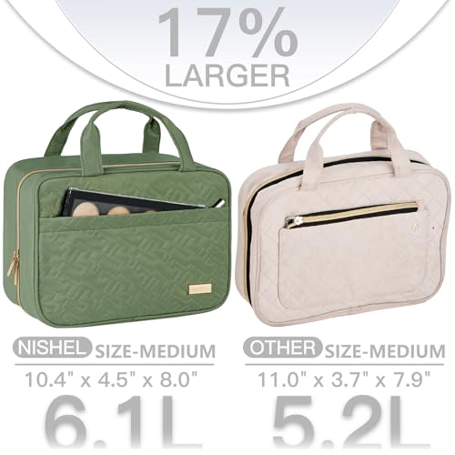 NISHEL Travel Toiletry Bag for women, Portable Hanging Organizer for Travel-Sized Shampoo, Conditioner, Brushes Set, Makeup Accessories, Medium Size, Purple, Bronze Green - color: Bronze Green, size: Medium