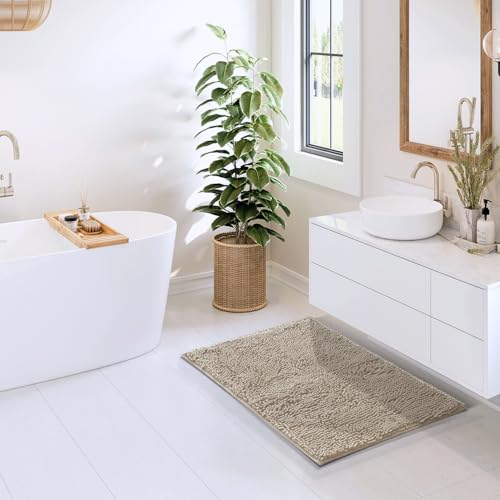 Hearth & Harbor Bathroom Rugs, Chenille Bath Mat - Machine Washable Bath Mats for Bathroom Non-Slip Backing Rubber, Quick Dry Bathroom Mat - color: Beige, style: 20 x 32