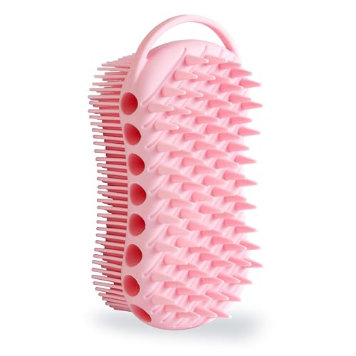 MtBoi Double-Sided Exfoliating Silicone Body Scrubber, 2-in-1 Bath Scrubber, Shampoo Brush, Silicone Loofah for All Skin Types, Shower Body Scrubber, Easy to Clean, Lather Well (Pink) - color: Pink