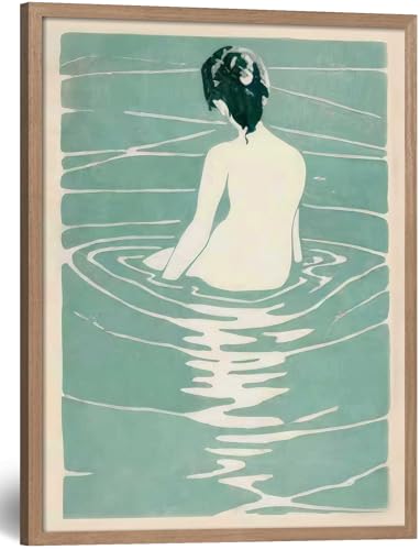 Framed Canvas Japanese Wall Art Modern Print Poster Picture Minimalist Woman in Water Painting Gallery Style Home Wall Decor Living Room Bedroom Bathroom Office 16X24 Inch Ready to Hang - color: Green White Woman, size: 16L" x 24W"