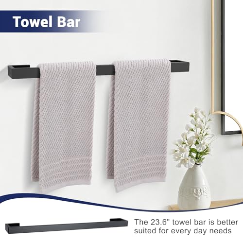 Matte Black Bathroom Hardware Set, 4-Piece Bath Towel Bar Set SUS304 Stainless Steel Towel Rack Set for Bathroom, 23.6 inches Bathroom Towel Holder Set Wall Mounted - color: Matte Black, size: Set A