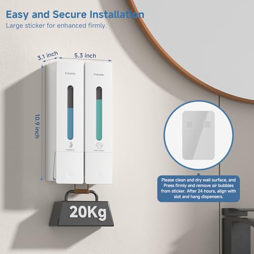 Shampoo Dispenser for Shower - Shower Soap Dispenser Wall Mounted No Drill - Shampoo Body Wash Dispenser 2 Chamber - Easy Install for Bathroom Hotel White 800ml - color: White