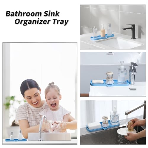 MicoYang Silicone Soap Dish with Drain Spout — Self-Draining Double Sink Organizer Tray for Kitchen & Bath, Dispensers, Sponges & Soap Holder, Non-Slip & Dishwasher Safe, Light Blue (Large, 12"×4") - color: Light Blue, size: L(12"×4")