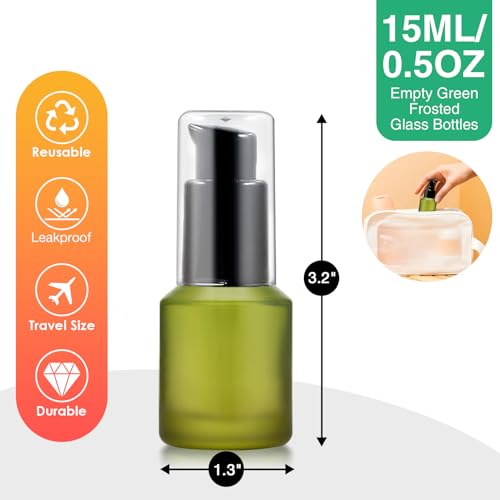 3PCS 15ML/0.5OZ Empty Green Frosted Glass Bottles with Pump Refillable Vial Cosmetic Dispenser Jars Storage Travel Lotion Container Portable Sample Bottle for Toiletries,Foundation,Cream,Gel,Lotion - color: Green, size: 0.5 OZ