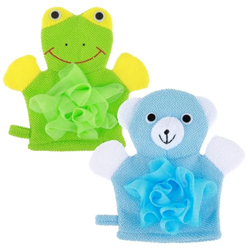 Cute Bath Gloves Loofah - 2 PCS Kids Animal Bath Gloves Body Scrubber, Double-Side Exfoliating Shower Sponges, Washcloths Mitts for Gentle Soft and Easy to Lather (Bear Frog)