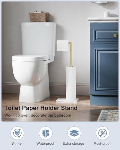Toilet Paper Holder Stand Brushed Gold SUS 304 Stainless Steel Rustproof Free Standing 22 Inch Rotating Bathroom Tissue Roll Holder for 4 Rolls with Marble Base by HOMEMYSTIQUE - color: Brushed Gold