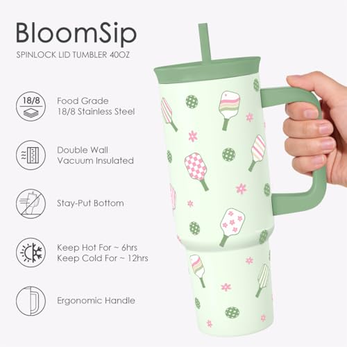 SANDJEST Pickleball Stainless Steel Locking Lid Silicone Straw Tumbler with Handle 40oz, Insulated Stainless Steel Travel Cup for Women Girls Friends Players, Gift Idea for Birthday Christmas - color: Pickleball