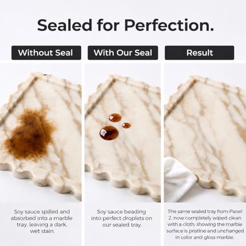 13.6" x 9.6" Large Genuine Calacatta Gold Scalloped Marble Tray, Pre-Sealed for Stain & Water Resistance, Luxury Decorative Trays for Vanity, Bathroom, Dresser, Coffee Table, Home Decor - color: Calacatta Glod