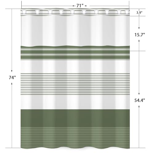 No Hook Striped Shower Curtain and Liner Set 71 x 74 Inch | Spring Sage Green and White Minimalist Striped, Waterproof Modern Bath Tub Curtain for Bathroom Decor, Breathable Mesh Top - color: Green