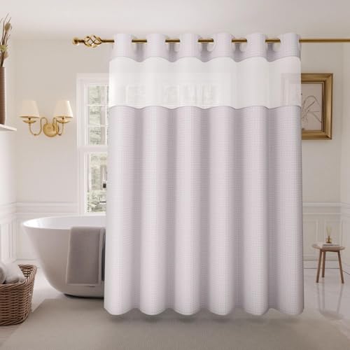 Inhousolu No Hook Shower Curtain with Snap-in Fabric Liner, Waffle Weave 230 GSM Polyester, Weighted Hem, Water Repellent Washable, Mesh Top Window 72" W x 72" L White - color: White, size: 72"W x 72"L (Pack of 1)
