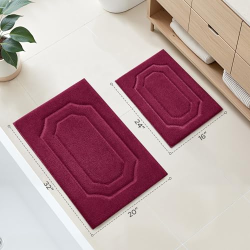 HOMEIDEAS Bathroom Rugs Sets 2 Piece, Extra Soft and Absorbent Microfiber Plush Bath Mat with Non Slip Backing(Burgundy Red) - color: Burgundy Red