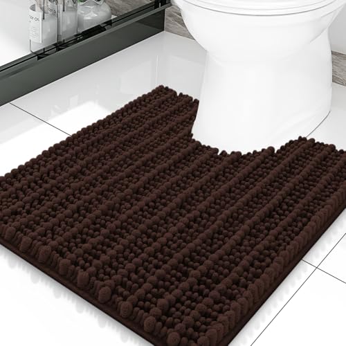 Smiry Bathroom Toilet Rugs U Shaped 20x20, Extra Soft Absorbent Non Slip Rubber Backing Chenille Contour Bath Rugs for Toilet, Machine Washable Contoured Bath Mats, Brown - color: Brown, size: 20'' X 20''