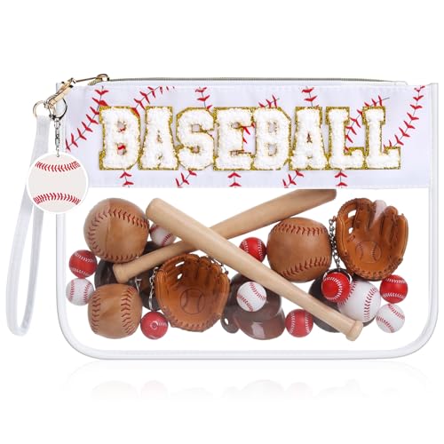 Kacctyen Baseball Gift Makeup Bag with Chenille Letter Patch Clear Cosmetic Pouch Waterproof PVC Organizer Purse Baseball Stuff Gifts Toiletry Storage Bag for Girls Women Mom Her Friends White - color: White, style: Baseball