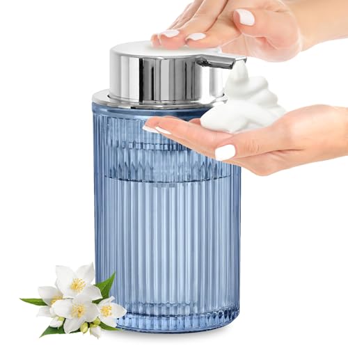 KASUNTING Blue Glass Foaming Soap Dispenser, Ribbed Foam Hand Soap Dispenser for Bathroom, 11 Fl Oz Refillable Foaming Pump Bottle with Black Pump, Modern Dish Soap Foam Dispenser - color: Blue Bottle+ Sliver Pump, size: Foam-1 Pack