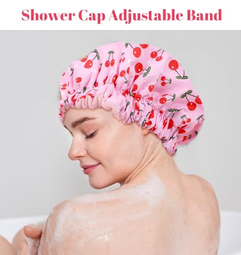 Terry Lined Shower Cap, Shower Cap with Terry Cloth Lining Large Reusable Waterproof with Elastic Band for Long Thick Hair (Pink)
