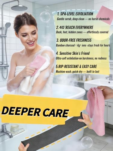 Exfoliating Shower Towel 40",Premium Scrub Wash Cloth for Body Face, Exfoliating Washcloth for Men and Woman(Black+Pink)