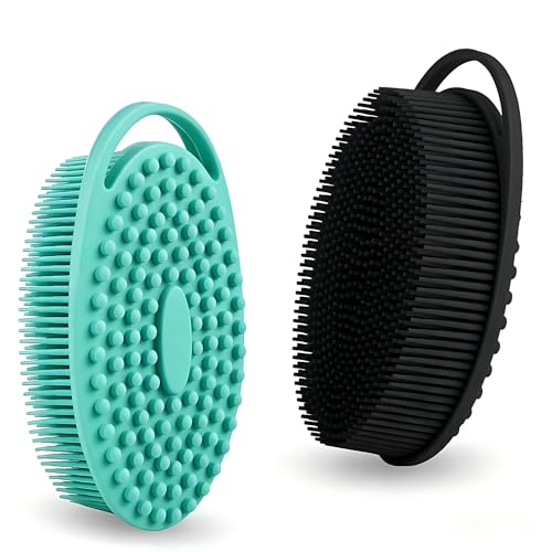 2 Pack Silicone Body Scrubber, Exfoliating Shower Scrubber for All Skin | 2 in 1 dual-sided design, soft bristles and massage bumps side, fast-drying, non-slip handle, for women and men, Black+Green - color: Black&green