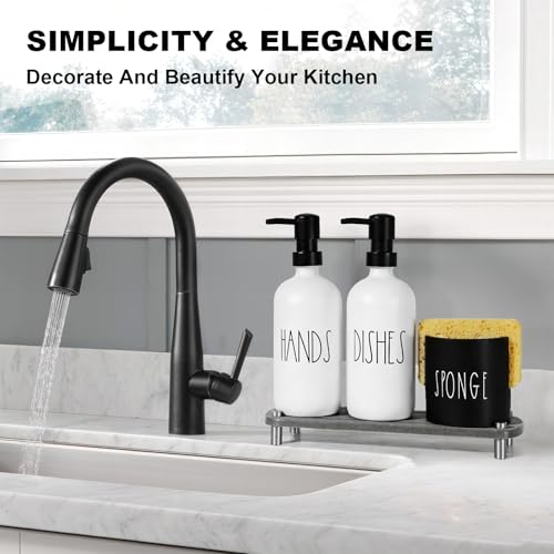 Kitchen Soap Dispenser Set,16.9 fl oz Hand and Dish Soap Dispensers with Tray, Kitchen Soap Dispenser Set with Sponge Holder, Instant Dry Tray,Kitchen Decor(White&Black) - color: White Bottle+black Pump