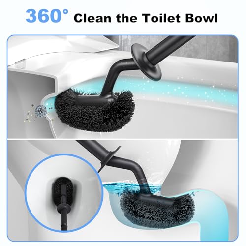HAMITOR Toilet Bowl Brush Holder Set: Curved Design with Holder for Deep Cleaning Under Rim - Compact Hidden Scrubber for Small Space - Modern RV Bathroom Accessories - Black - color: Black