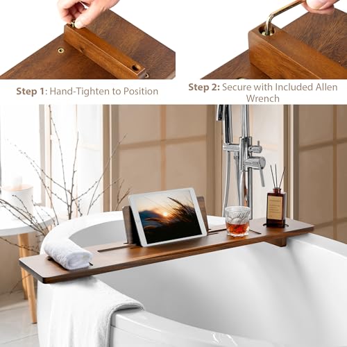 Walnut Bathtub Tray Caddy - 39" Wide Adjustable for Freestanding Tubs, Non-Slip Phone/Wine Holder